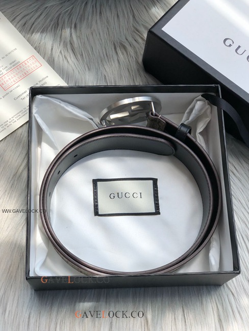 Gucci Black Leather Belt PVC Brown Monogram Steel Buckle